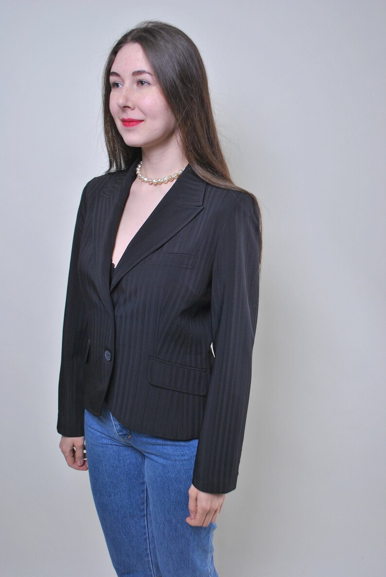 Vintage striped formal suit black blazer Size M retro woman jacket