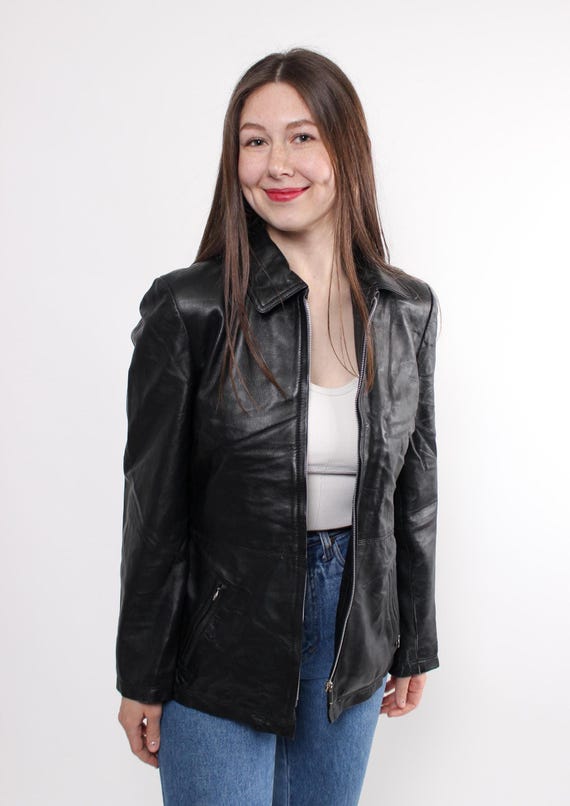 90s leather minimalist jacket, vintage black color long blazer, Size XL