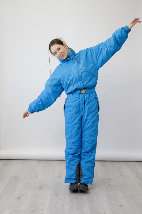 Sky Blue Yellow Accent Belted Vintage Ski Suit Jumpsuit with Hood Size M
