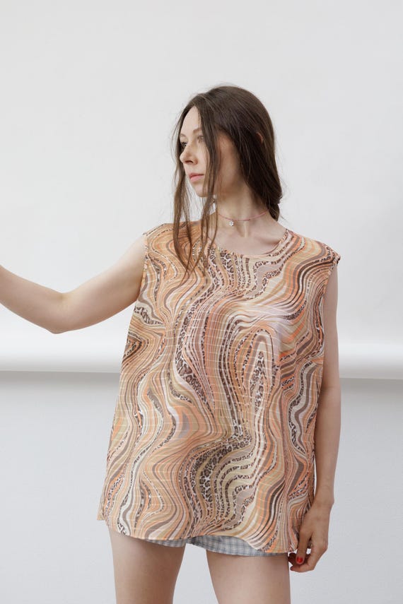 90s Peach Marble Swirl Leopard Print Sheer Vintage Sleeveless Blouse Shell Top Size XL