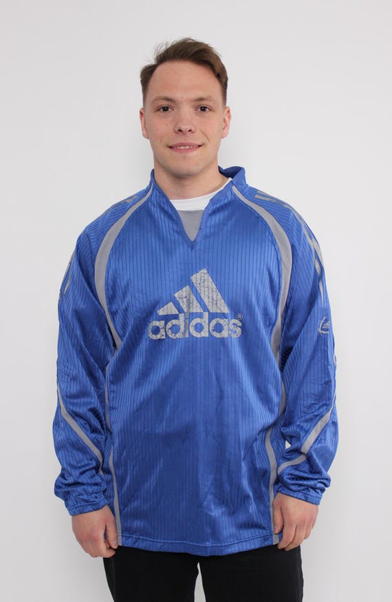 Vintage Adidas Training Pullover, Cracked Logo, Royal Blue Pinstripe Drill Top