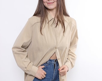 Jaren '90 beige kleur minimalistische blouse, vintage oversized overhemd met knopen, maat L