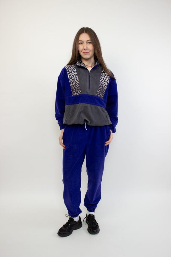 90s Purple Velour Tracksuit Vintage Leopard Panel Half Zip Jogger Set Size M
