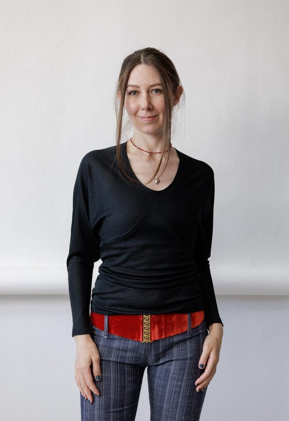90s Black Batwing Top Vintage Dolman Sleeve Fitted Slinky Evening Blouse Size S