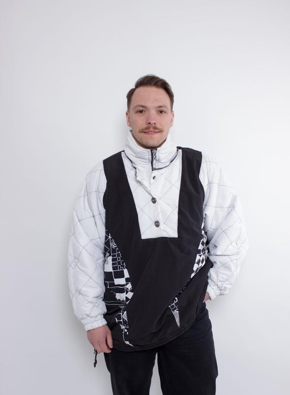 Vintage 90s Ski Jacket, White Black Colorblock Winter Snow Jacket, Size XL