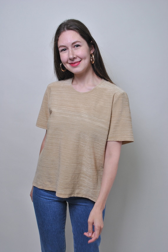 90s textured pullover blouse, vintage short sleeve minimalist top in beige, Size L