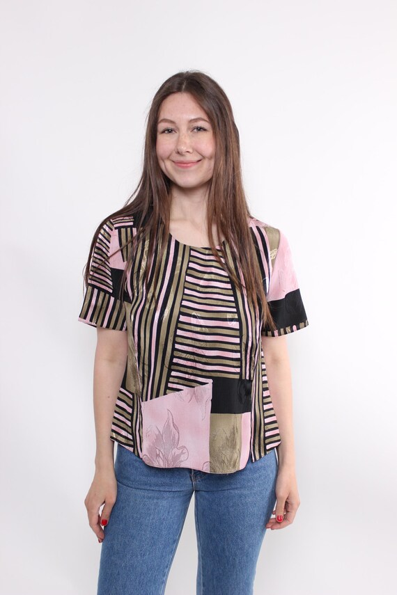 90s Pink Black Patchwork Stripe Blouse Vintage Abstract Print Boxy Top Size M