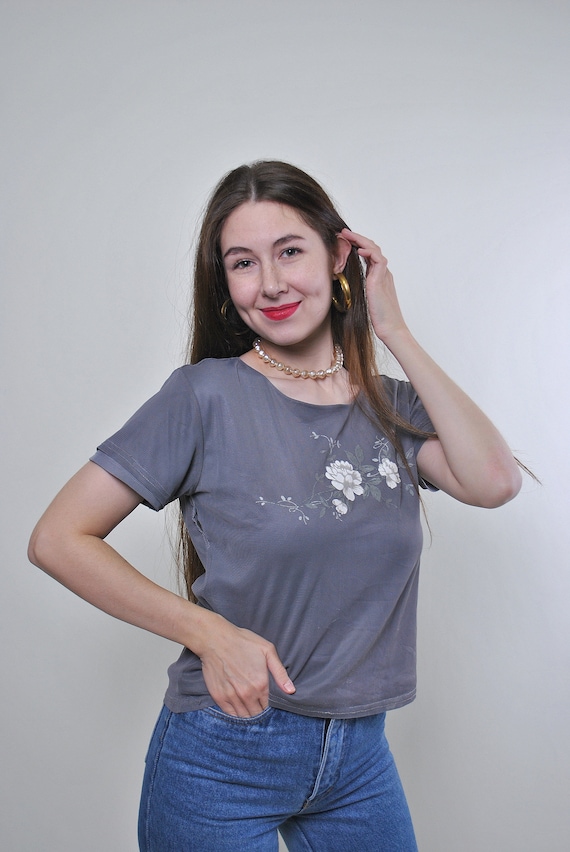 90s flowers print crop tshirt, vintage minimalist floral tee , Size L