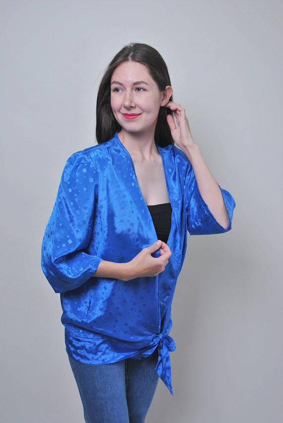 90s abstract print blouse in blue, vintage deep v-neck puff sleeve blouse, Size L