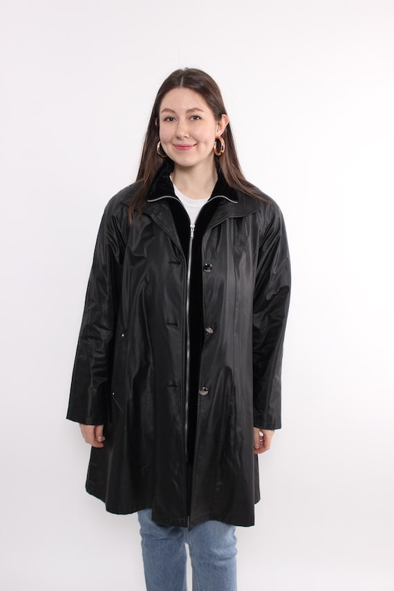 Vintage Black Trench Coat, 90s Minimalist Wool Blend Long Coat, Size M/L