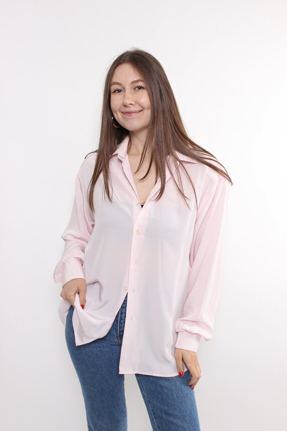 Pale Pink Satin Shirt Oversized Button Up Blouse Silky Vintage 90s L
