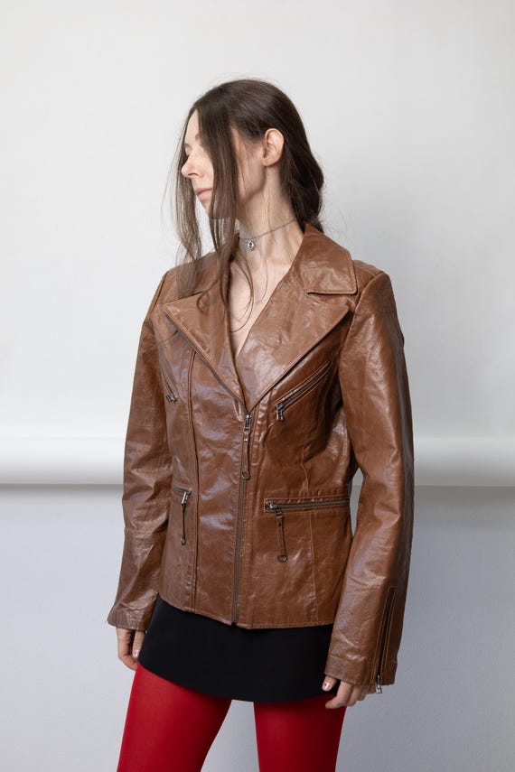 Vintage Brown Leather Biker Jacket Zip Detail Size M