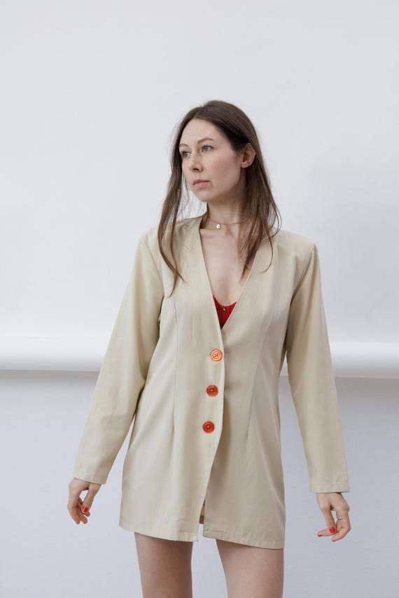 80s Cream Collarless V Neck Longline Vintage Blazer Orange Buttons Shoulder Pads Size M