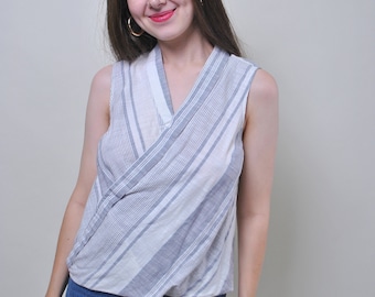 Vintage striped grey shirt, 90s minimalist sleeveless top, Size M