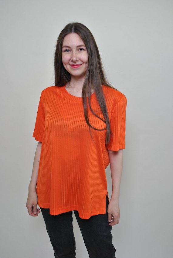 90s Orange Ribbed Crew Neck Tee Vintage Short Sleeve Minimalist Oversized Top Large