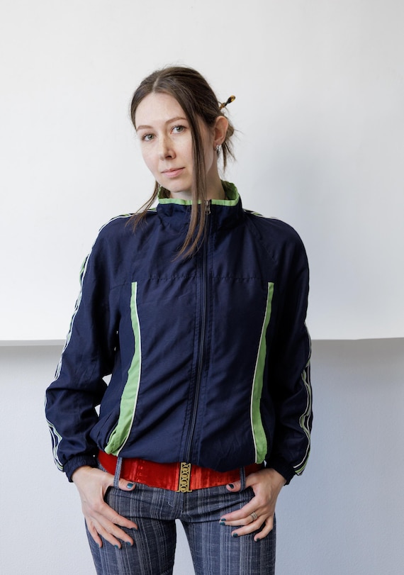 Y2K Navy Green Track Jacket Zip Up High Collar Side Stripe Sporty Windbreaker M