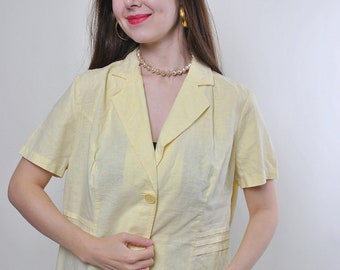 80s minimalist linen blouse in yellow, vintage v-neck crop blouse, Size M