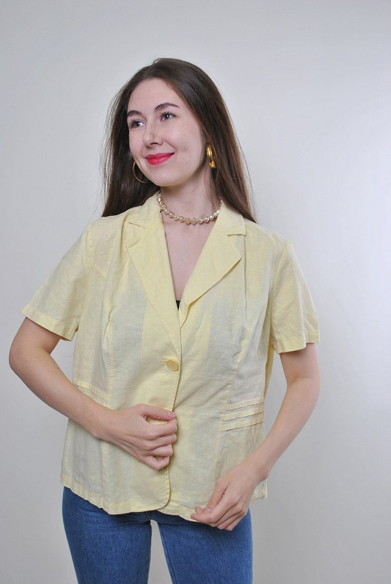 80s minimalist linen blouse in yellow, vintage v-neck crop blouse, Size M