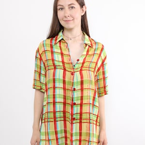 90s colorful plaid blouse, vintage oversized viscose shirt with short sleeves, Size L
