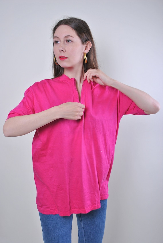 90s Hot Pink Zip Neck Cotton Top Vintage Short Sleeve Slouchy Oversized Tee L