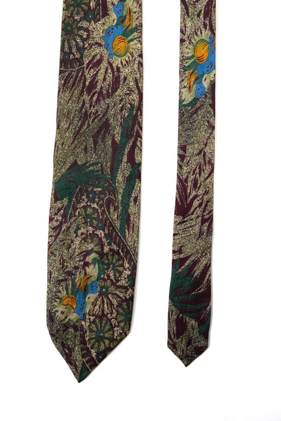 90s Silk Tie Tropical Fish Print Italian Vintage Green Burgundy Mens Brera Milano