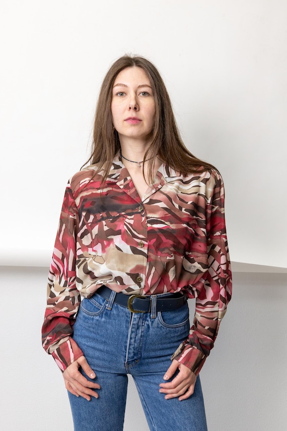 Y2K Abstract Blouse Vintage Pink Burgundy  Zebra Print Top Notched Collar Shirt Size L