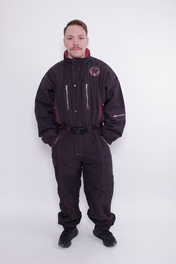 Vintage 90s One Piece Ski Suit with Hood – Retro Black Snowsuit, Size XL