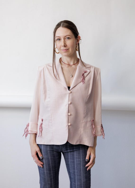90s Pink Blazer Blouse Vintage Sheer Sleeve Fringe Trim Notch Lapel Jacket Size L