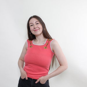 90s flowers print tank top in pink, vintage embroidered floral crop  top, Size M