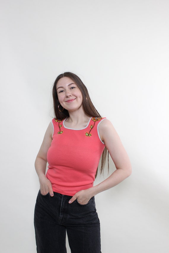 90s flowers print tank top in pink, vintage embroidered floral crop  top, Size M