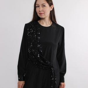 90s long sleeve blouse with rhinestones, vintage shoulder pads cocktail blouse in black with back button, Size M