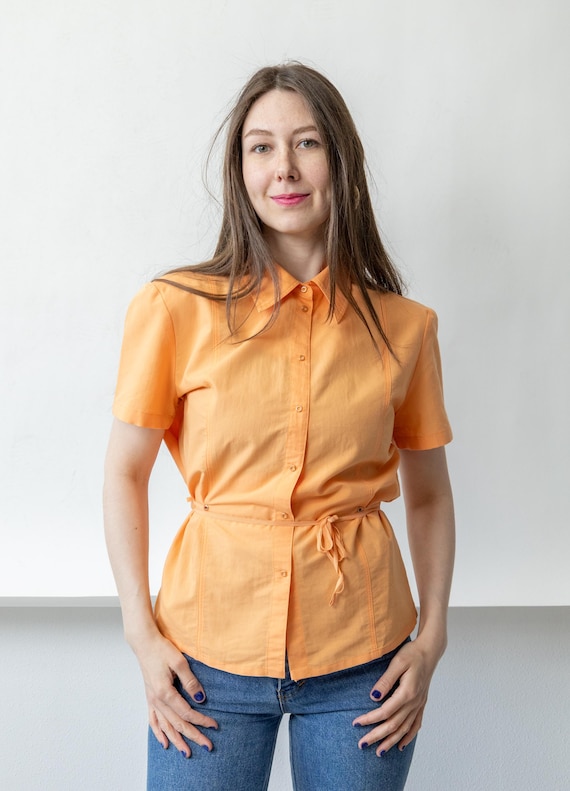 90s Orange Tie Waist Fitted Blouse Vintage Snap Front Cotton Top Size M