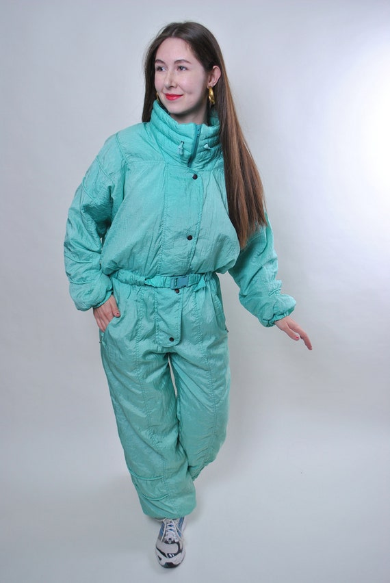 80s vintage green one piece ski suit, plus size sn