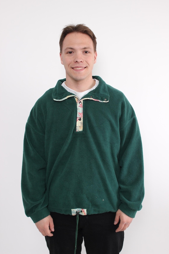 90s fleece sweatshirt, vintage abstract print oversized fleece jumper in green, Size XL