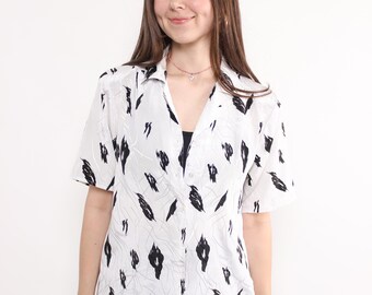Blusa blanca con estampado abstracto de los 90, blusa de verano con hombreras vintage, talla L