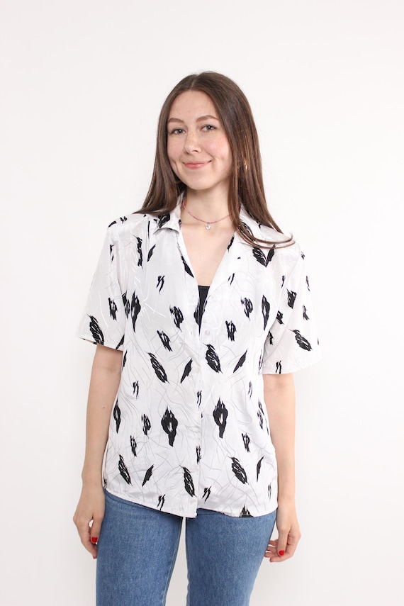 90s abstract print white blouse, vintage shoulder pads summer blouse, Size L