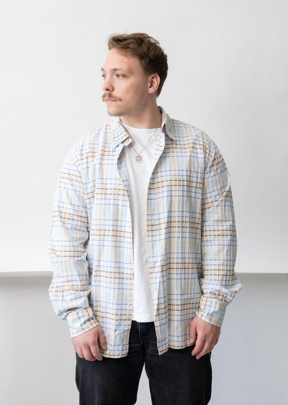 Vintage Paul Smith Jeans Shirt Cream Blue Windowpane Check Multi Stripe Lining Size XL