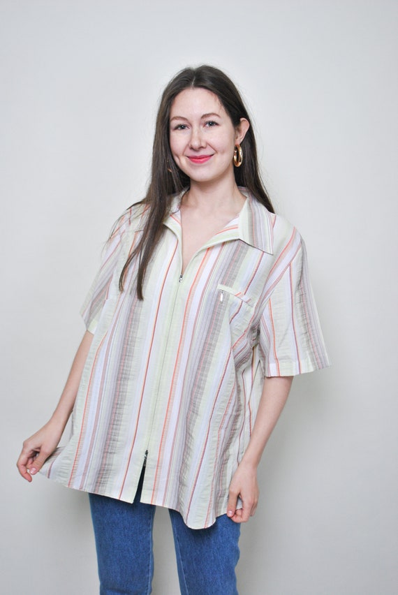 90s Pastel Stripe Zip Front Shirt Vintage Camp Collar Oversized Cotton Blouse Large