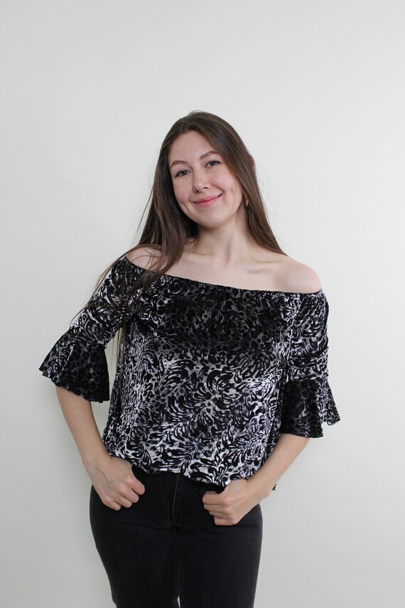 Velvet Burnout Off Shoulder Top Vintage 90s Bell Sleeve Leopard Floral Crop Blouse M