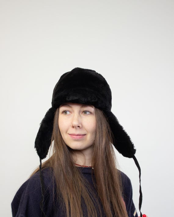 Vintage 90s Winter Hat, Warm Faux Fur Ear Flap Hat
