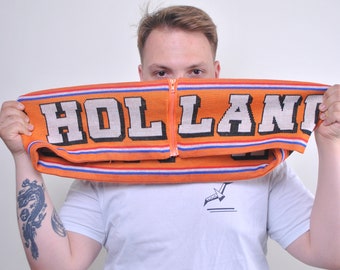 90s Holland football fan Scarf, vintage Netherlands zipped soccer accessories in orange color