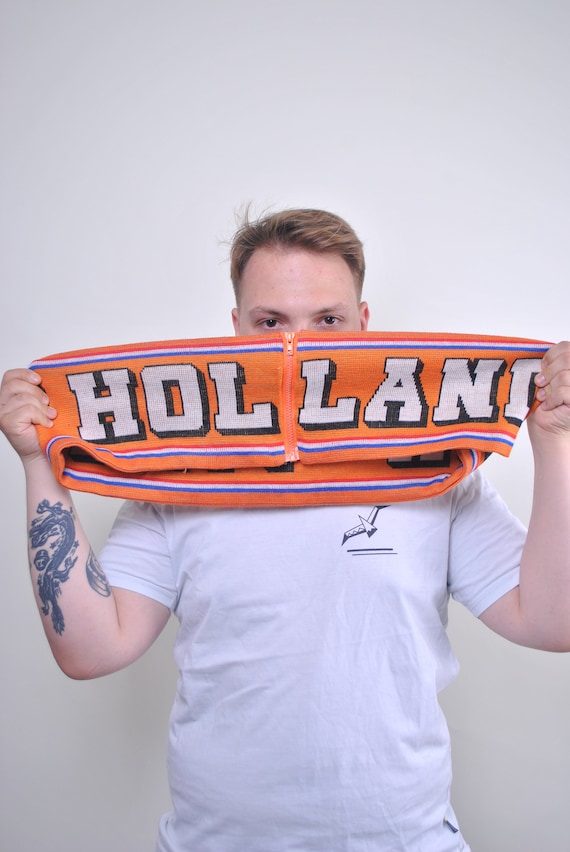 90s Holland football fan Scarf, vintage Netherlands zipped soccer accessories in orange color