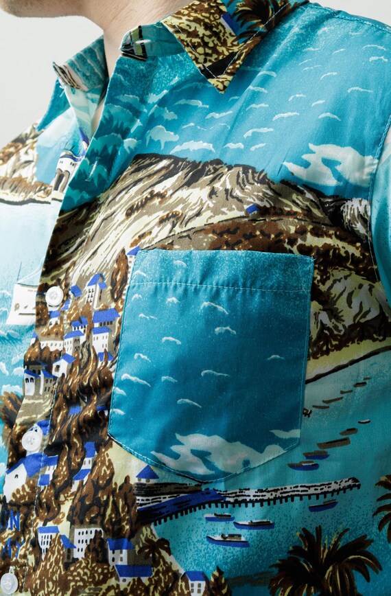 Catalina Island Souvenir Shirt 80s Tropical Print Camp Collar Hawaiian Button Up Vintage M