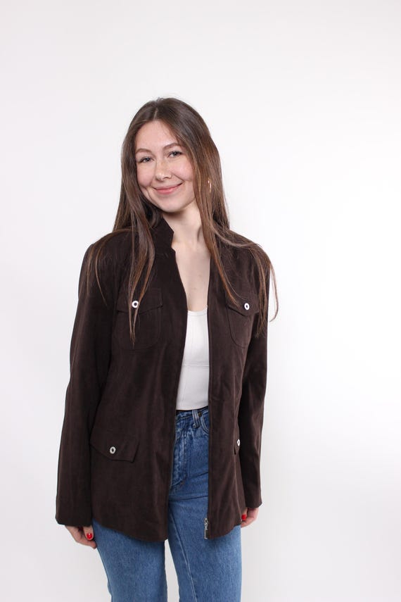 90s minimalist blazer in brown, vintage military style chest pockets suit jacket, Size L
