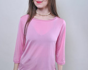 Vintage rosa minimalistisk blus, italiensk 90-tals pulloverskjorta, storlek L