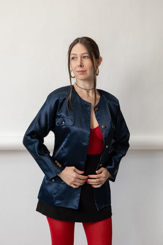 90s Navy Satin Blazer Vintage Gold Crest Button Collarless Evening Jacket Size M