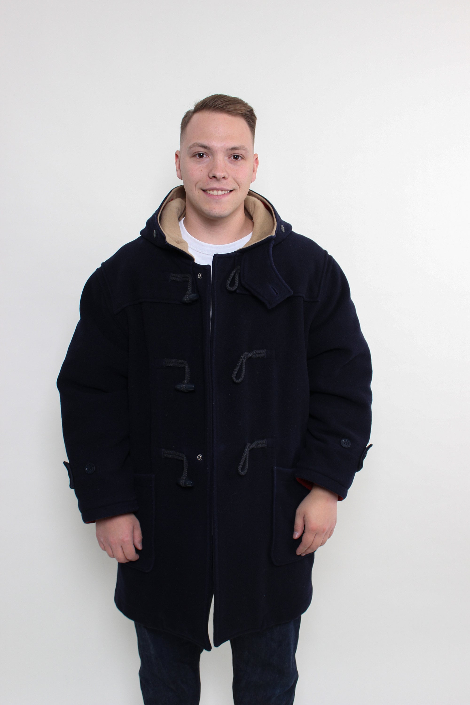 90s Winter Wool Duffle Coat: Vintage Blue Hooded Overcoat, Size L
