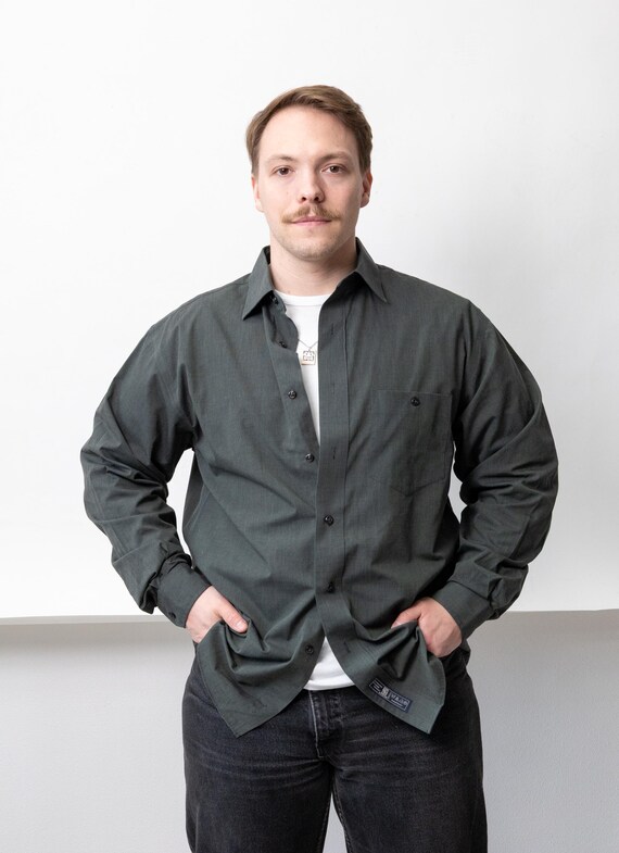 90s minimalist oversized shirt, vintage dark green long sleeve button up shirt, Size XL