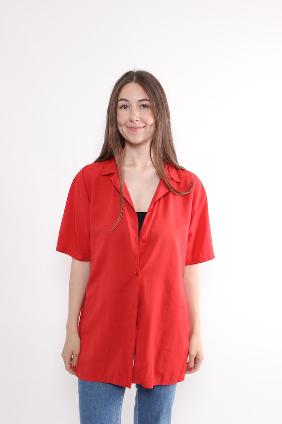 Vintage Minimalist Oversized Blouse, 90s Lightweight Red Button Up Shirt, Size L