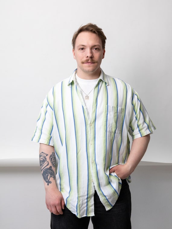Green Striped Short Sleeve Shirt 90s Mens Oversized Vintage Summer Vacation Button Up XL